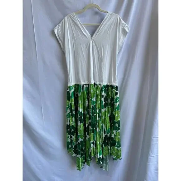 PLAN C x RTR Green Abstract Satin Pleated Cotton Blend Maxi Dress Size S